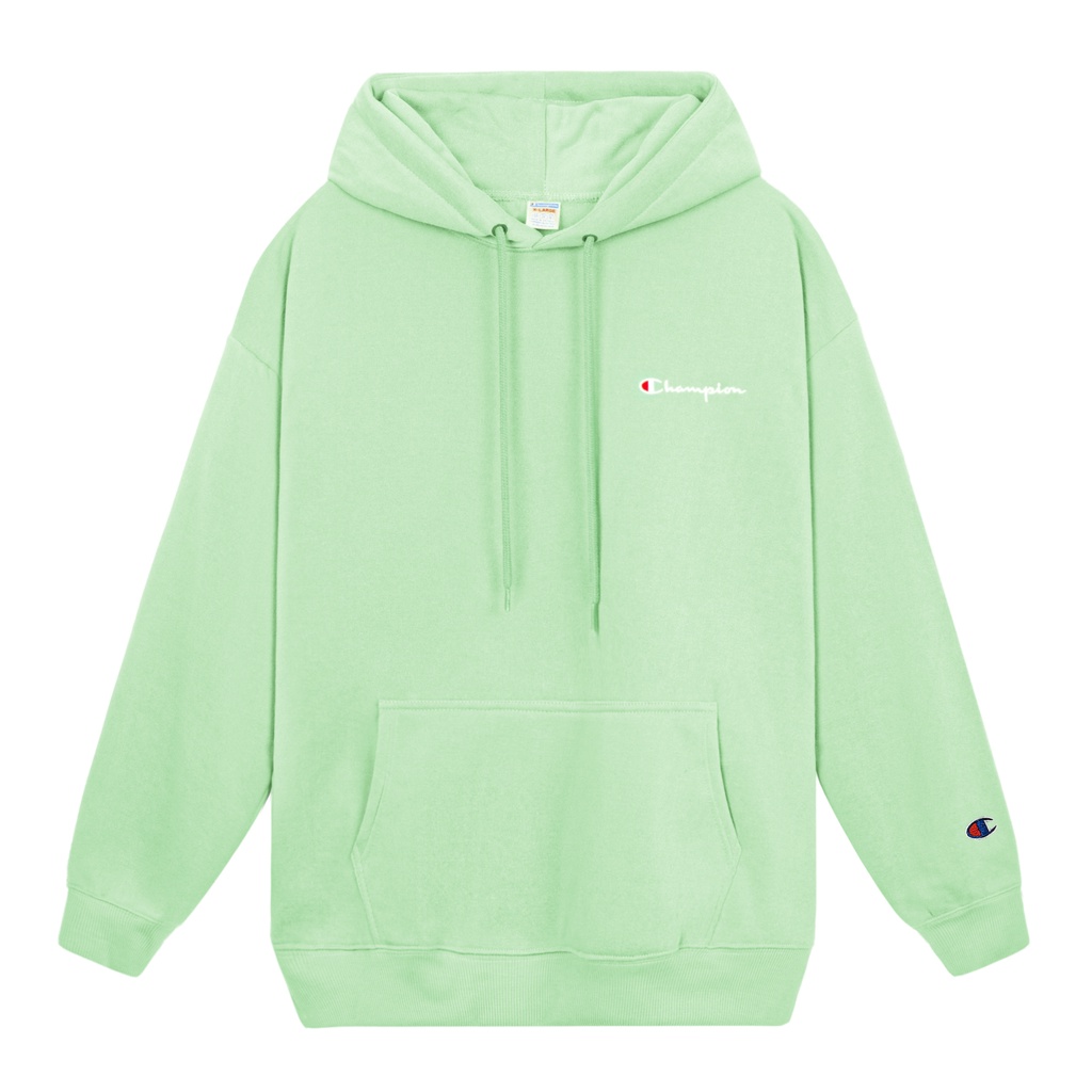 Áo Hoodie Màu Xanh Mint Thêu Logo Champion Sắc Nét Phía Trước Chất Liệu Nỉ Bông Cotton-Form Rộng Rãi Unisex Nam Nữ