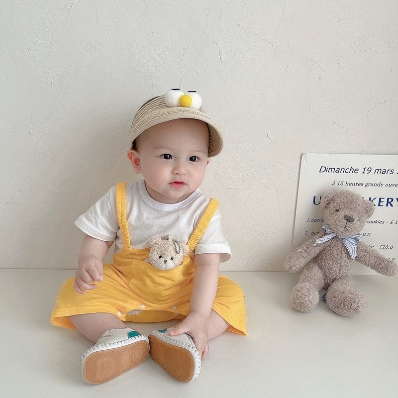 Bộ Áo Liền Quần Ngắn Tay Cổ Tròn Giả Hai Lớp In Hình Gấu Thời Trang Mùa Hè Cho Bé Trai Và