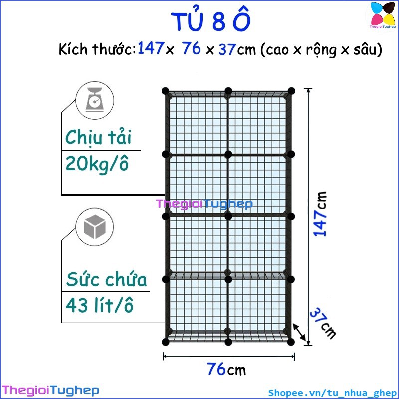 Tủ lưới sắt lắp ghép đa năng hiện đại để sách, đồ dùng trang trí phòng làm việc 8 ô