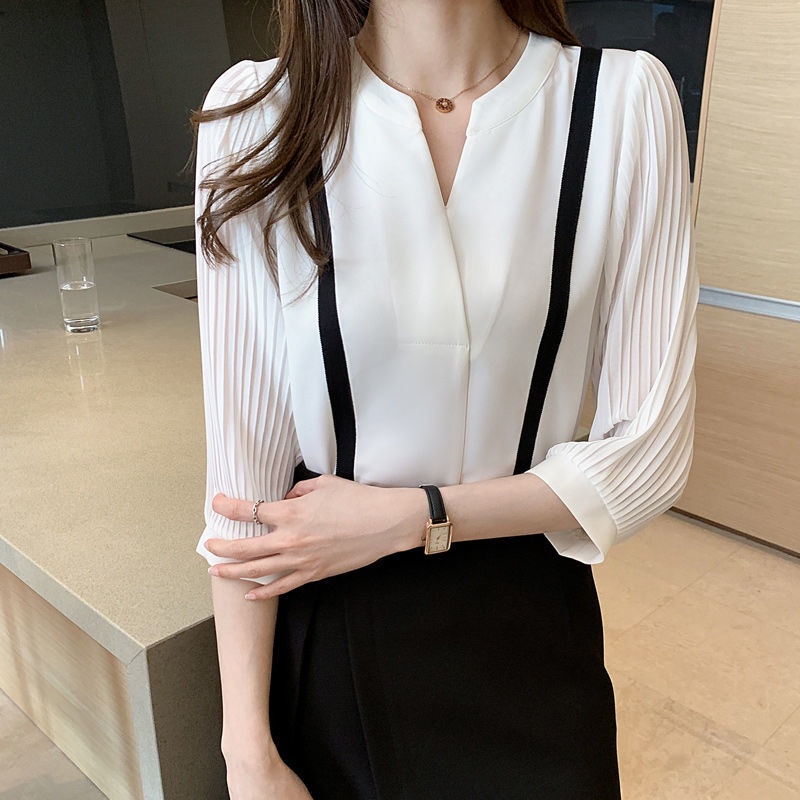 Áo sơ mi voan tay lửng cổ chữ V thời trang mùa hè dành cho nữ 2021