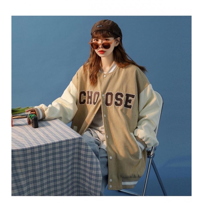 Áo khoác bomber nữ, chất nhung tăm dày dặn thêu chữ Choose nổi form rộng unisex