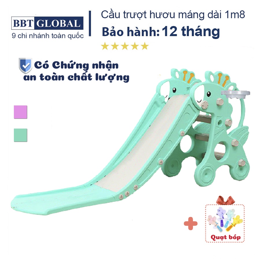 Cầu trượt cho bé hình chú hươu MÁNG DÀI 1M8 có ném bóng rổ BBT Global BSL302