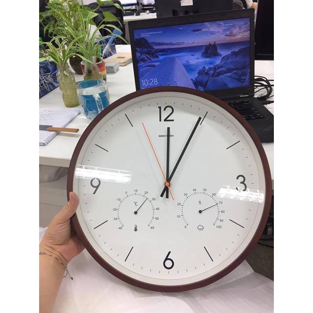 Đồng hồ treo tường GEEKCOOK viền gỗ cao cấp có nhiệt kế và ẩm kế tích hợp 14 inch