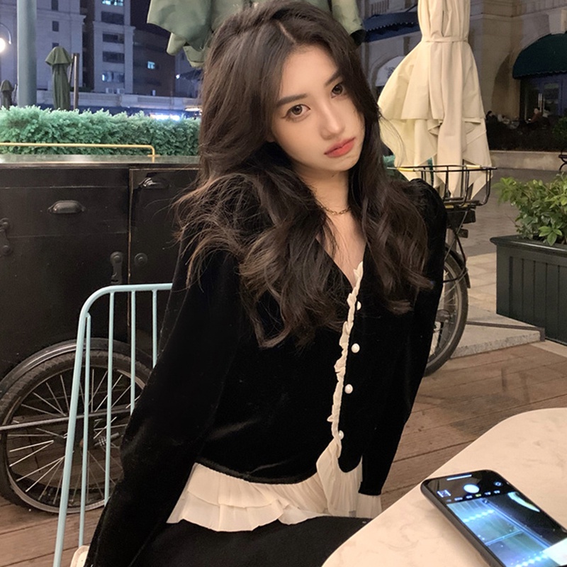 Áo cardigan kiểu SUXI tay dài cổ chữ V ôm dáng vừa vặn vải nhung phong cách Hàn Quốc vintage dành cho nữ