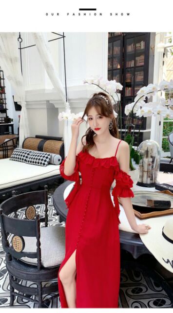 (miễn phí chỉnh váy) đầm maxi trễ vai nút bọc xẻ tà đi biển du lịch chụp ảnh sống ảo tiểu thư cực xinh | BigBuy360 - bigbuy360.vn