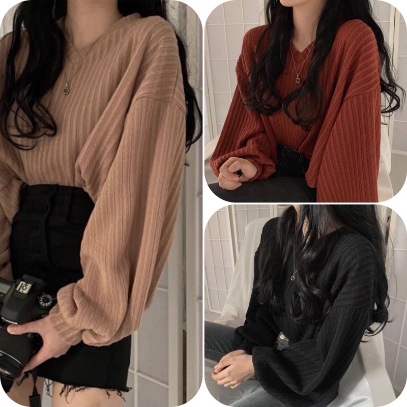 Áo len nữ tay dài cổ V dáng ôm dệt kim mềm mịn thời trang Hàn Quốc trẻ trung quyến rũ, áo len nữ cổ tim tay bồng
