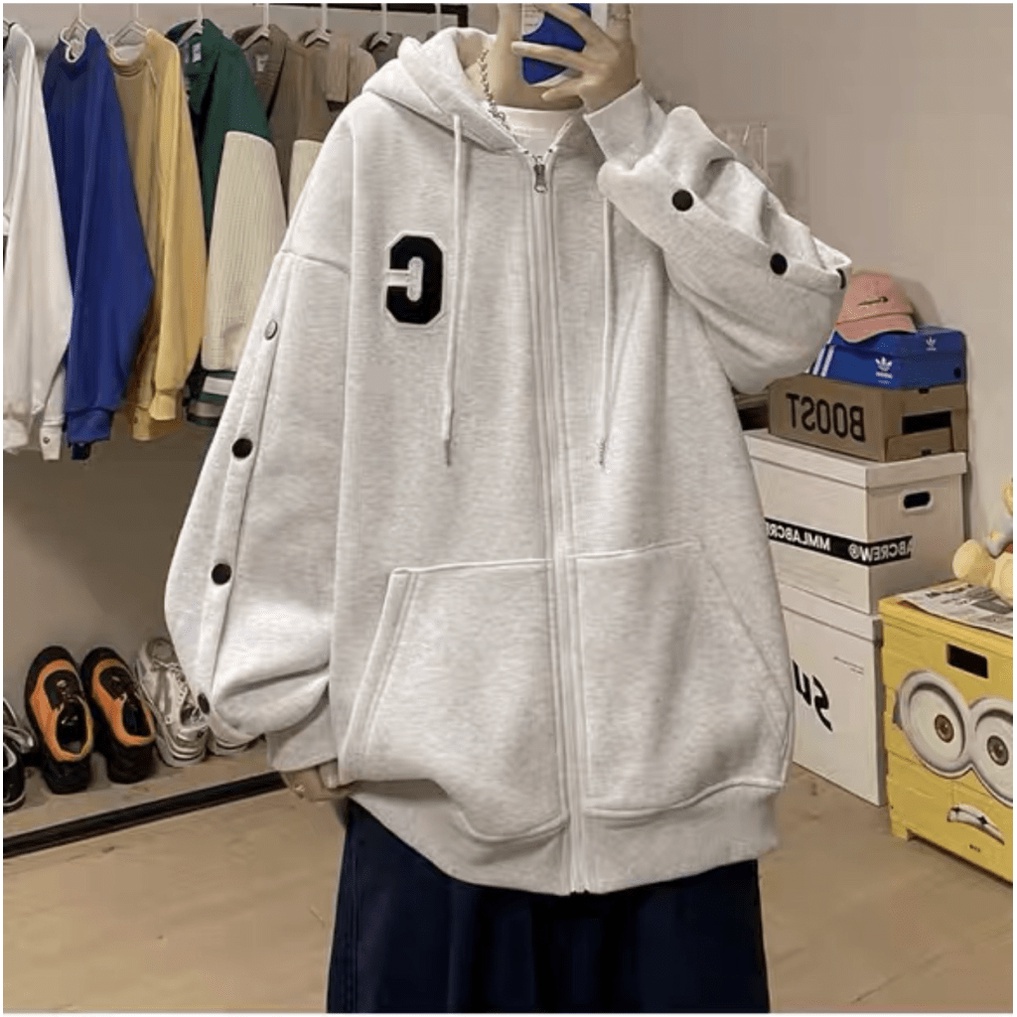 Áo Khoác Hoodie Nam Dây Kéo Chạy Viền Nút Tay Họa Tiết Ngực Đẹp Phong Cách Cá TÍnh