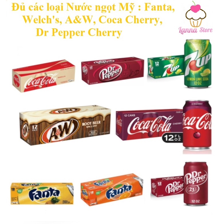 [Tổng Hợp] Nước ngọt Coca cherry , 7 Up, Xá Xị A&amp;W , Welchs Nho , Coca Cola Original Lon 355ml -  Mỹ