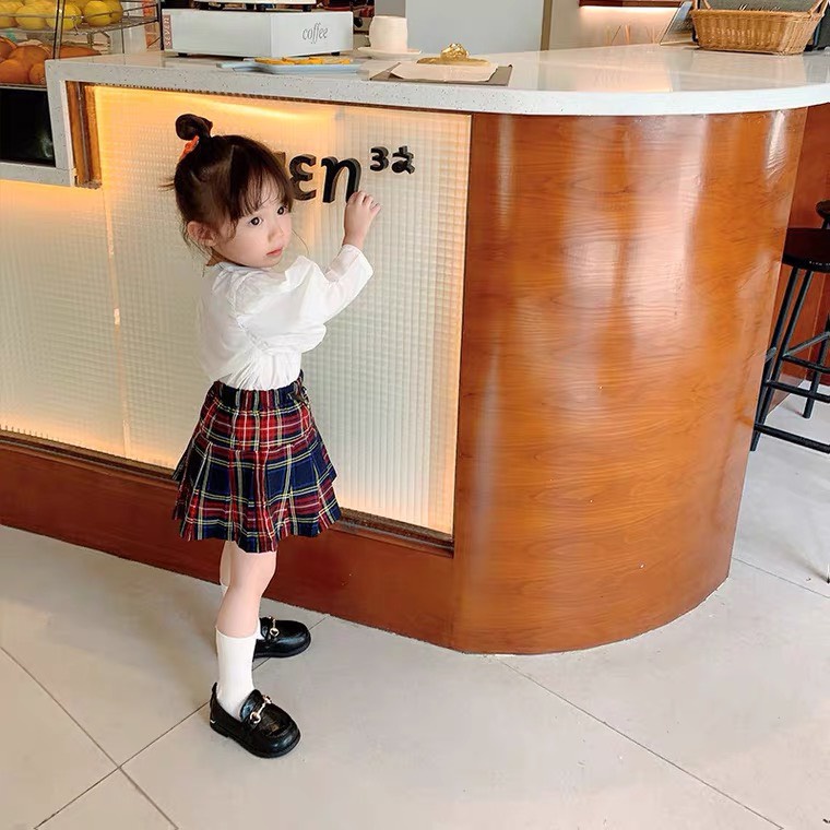 Đồng phục học sinh, set áo trắng tay bồng mềm mại phối chân váy kẻ to cho bé size 12-25kg