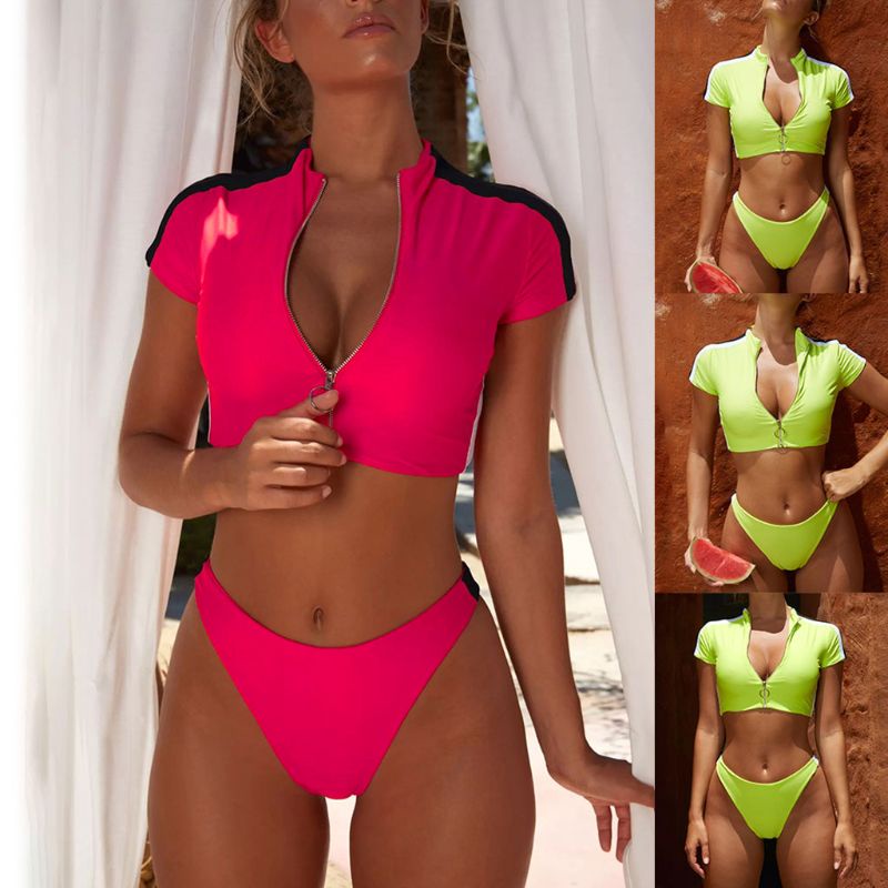 Bộ Bikini Hai Mảnh Ngắn Tay Họa Tiết Sọc Có Đệm Ngực Và Khóa Kéo Gợi Cảm Cho Nữ