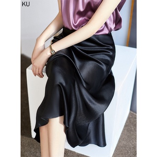 Chân váy lụa satin dáng dài lưng cao màu đẹp tinh tế kiểu Pháp hợp thời trang