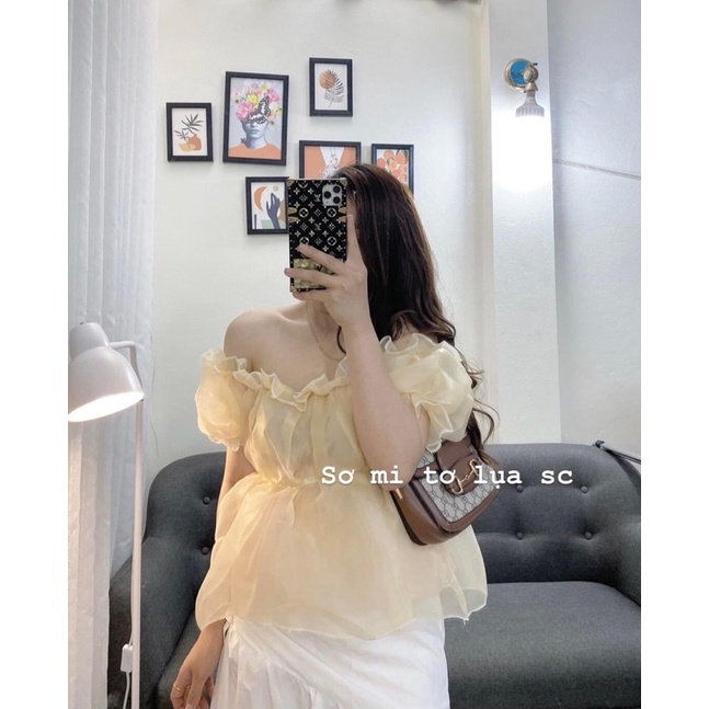[Hàng Sẵn, Ảnh Thật] Áo Tơ Trễ Vai Ngực Bèo Nhún Sang chảnh Áo Cổ Vuông Tay Bồng Tiểu Thư Ulzzang Hot Hit