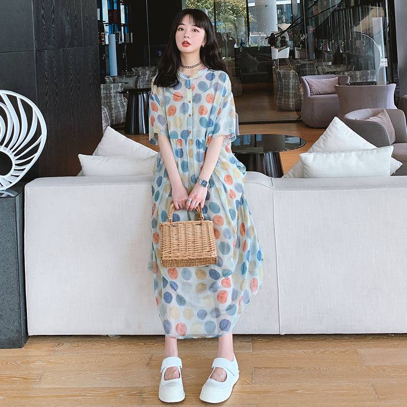 Váy babydoll Đầm Voan Dáng Rộng Lưng Cao Họa Tiết Chấm Bi Thời Trang Mùa Hè Hàng Mới 2021 Dành Cho Bạn Nữ