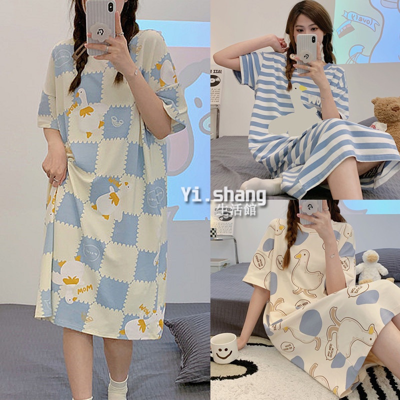 Đầm Ngủ Cotton Tay Ngắn Dáng Rộng In Họa Tiết Hoạt Hình Phong Cách Hàn Quốc Thời Trang Mùa Hè Xinh Xắn Cho Nữ One