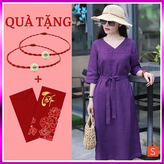 Đầm Dáng Suông Tím Huế Cổ Tim Vải Linen