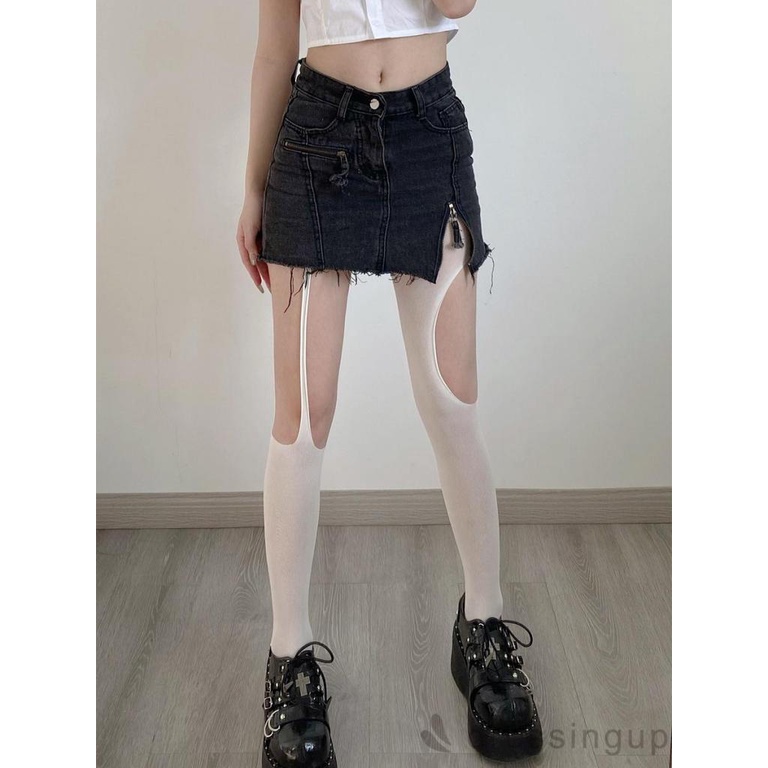 Dre-quần Tất Mỏng Dài Lưng Cao Màu Trơn Khoét Lỗ Không Đối Xứng Cho Nữ