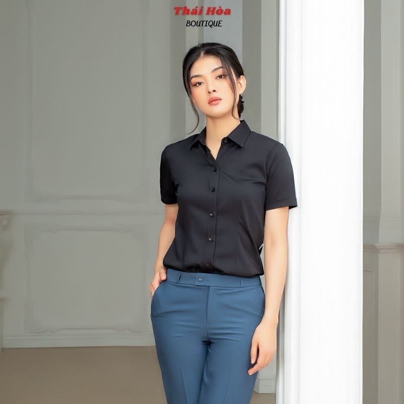Áo sơ mi nữ công sở đen ngắn tay cao cấp kiểu bigsize sợi tre Thái Hoà N8919-15-01