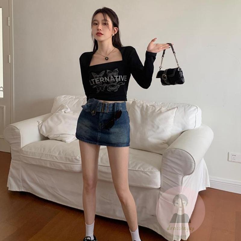 Áo Thun Dài Tay Cổ Vuông In Chữ Và Bướm Thời Trang Cho Nữ