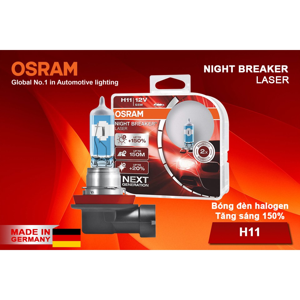 Combo 2 Bóng Đèn Halogen Tăng Sáng 150% OSRAM Night Breaker Laser H11 12V 55W - Nhập Khẩu Chính Hãng