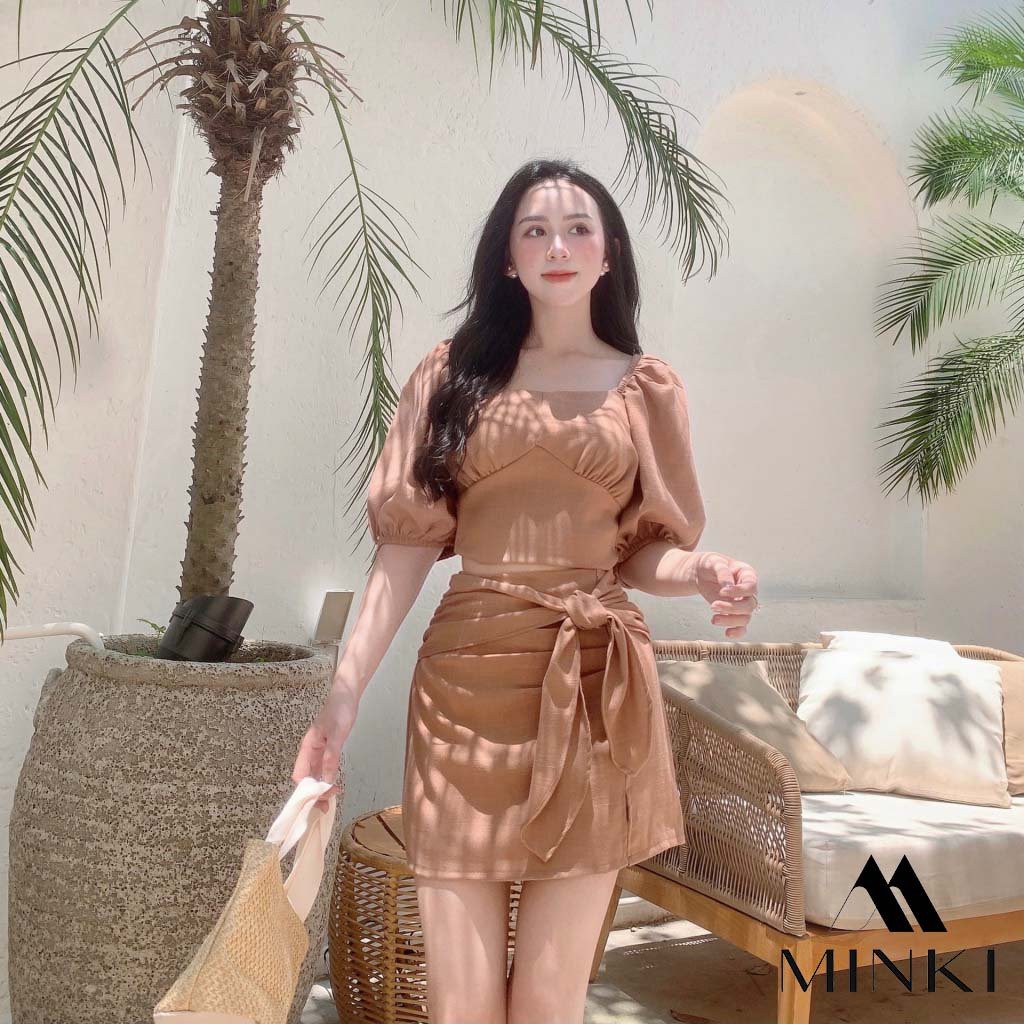 SET ÁO CỔ VUÔNG + CHÂN VÁY CỘT NƠ - CHẤT LIỆU KAKI NHẬP KHẨU - MÀU XANH NGỌC/NÂU TÂY [HÀNG THIẾT KẾ] | BigBuy360 - bigbuy360.vn