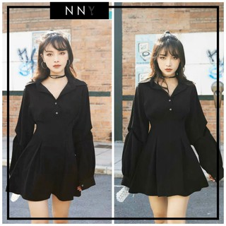 [NNY CLOTHING] Váy đen tay dài cổ sơ mi cực tôn dáng - V047