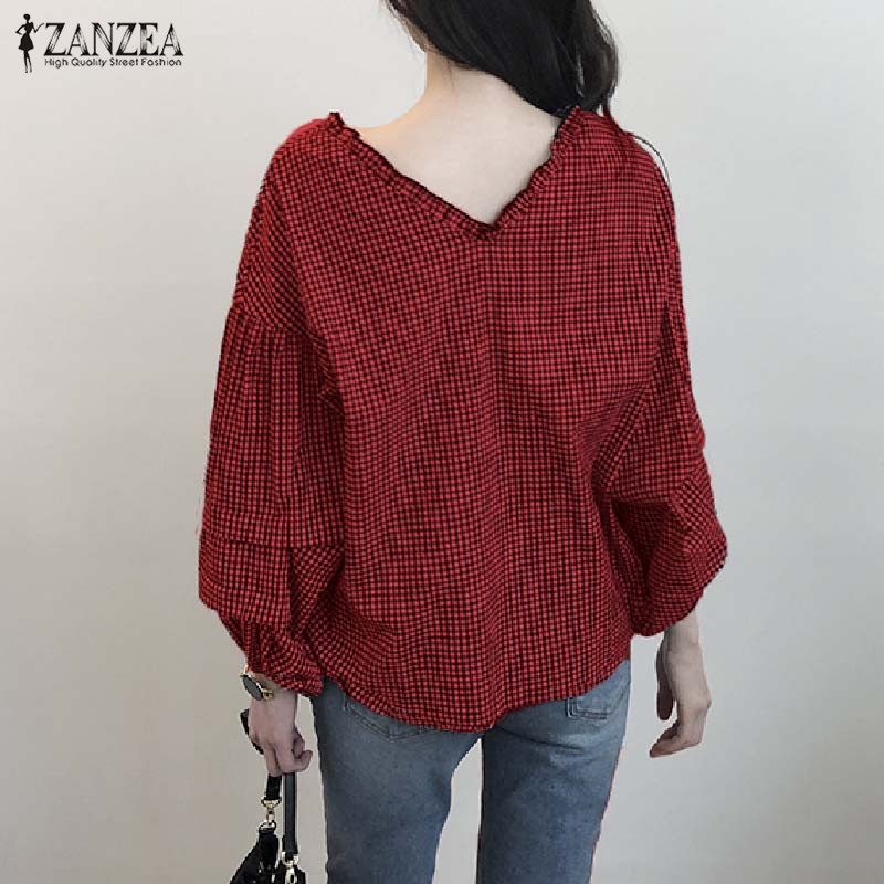 ZANZEA Áo dài tay dáng rộng họa tiết sọc caro phối nút thời trang cá tính cho nữ | BigBuy360 - bigbuy360.vn