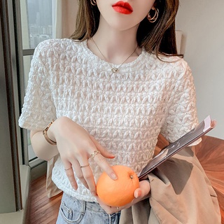Áo Thun Trắng Tay Ngắn Dáng Rộng Phối Ren Thời Trang Mùa Hè Phong Cách Hàn Quốc Dễ Phối Đồ Cho Nữ