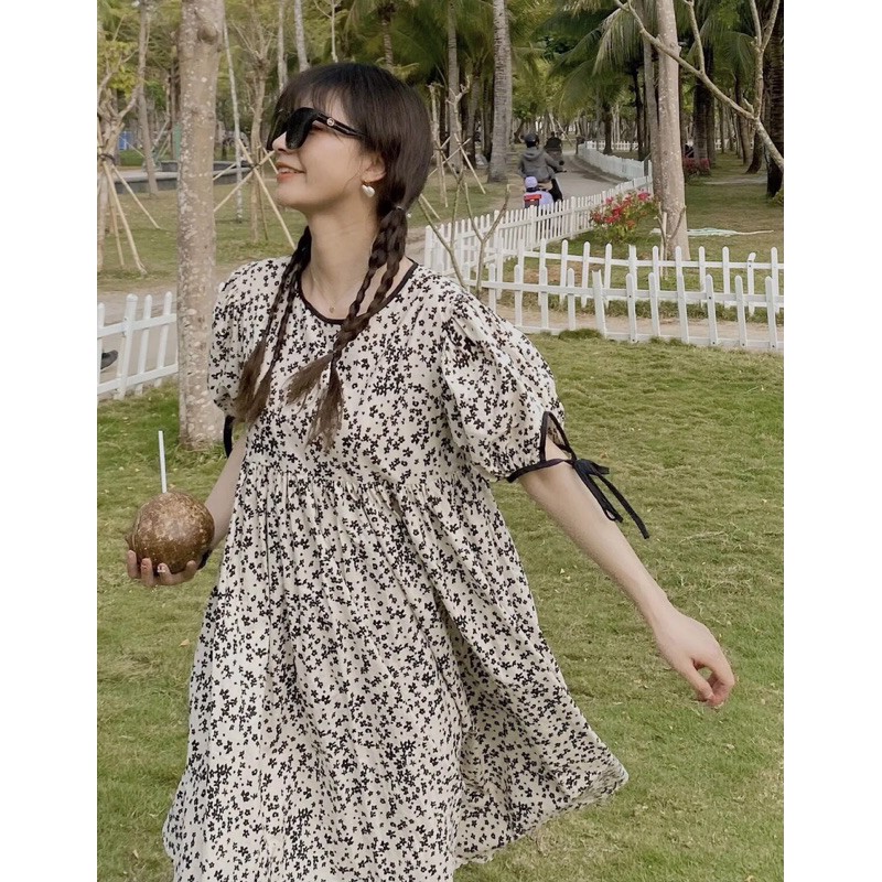 VÁY BABYDOLL HOA NHÍ TRẮNG ĐEN, TAY THẮT NƠ CỰC XINH | BigBuy360 - bigbuy360.vn