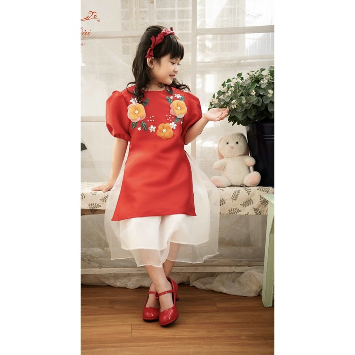 Set Áo Dài Cách Tân Tafta Thiết Kế Đính Hoa 3D Siêu Đẹp Cho Bé Gái