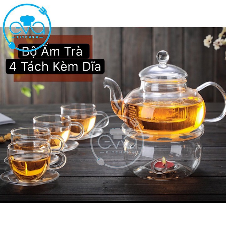 Bộ Ấm 4 Tách Pha Trà Kèm Dĩa - Lõi Lọc Và Đế Nến Thuỷ Tinh Cao Cấp