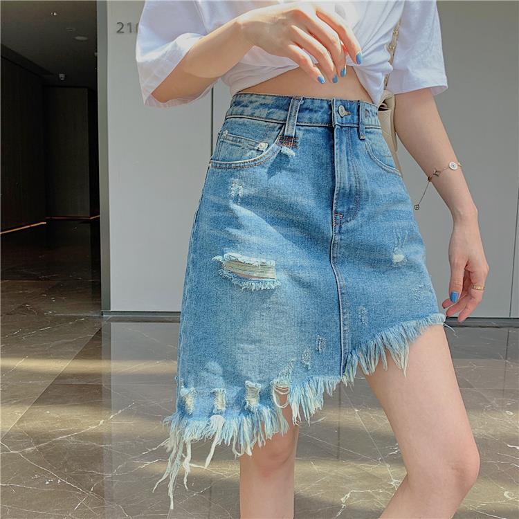 COZOK Chân váy jean Rách Lưng Cao Thời Trang Cá Tính