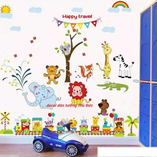 Decal dán tường combo vườn thú voi xanh