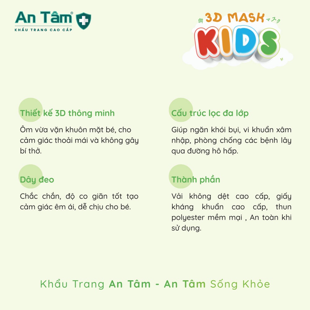 Khẩu trang y tế cho bé 5D 3 lớp Vải Không Dệt &amp; Giấy Kháng Khuẩn - Chính Hãng AN TÂM - Hộp 10 cái