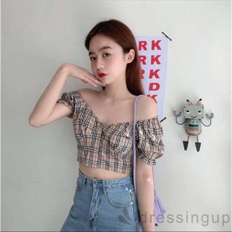 Áo kiểu croptop nữ sọc caro vàng nâu buberry tay ngắn - order taobao quảng châu