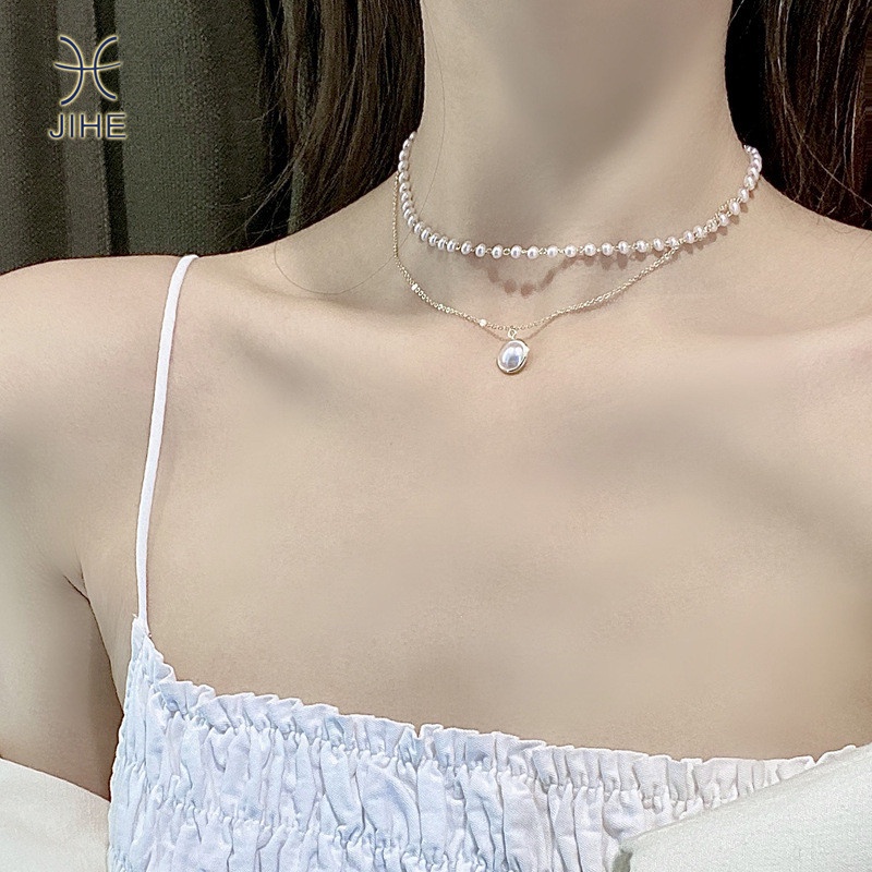 Vòng cổ Hai TầNg ĐíNh NgọC Trai Giả ThờI Trang