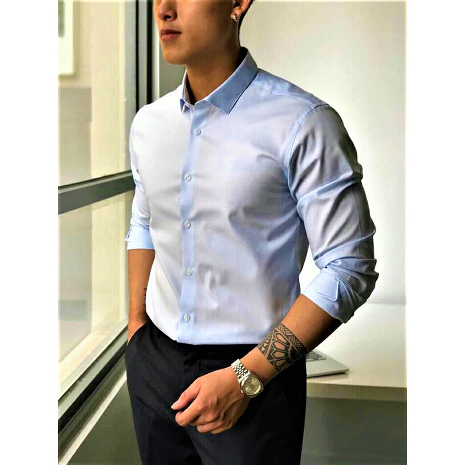 Áo Sơ mi nam Công sở LỤA Trơn dài tay Gấp Hộp, Vải lụa nến, chống nhăn, chống nóng MADE IN VIETNAM