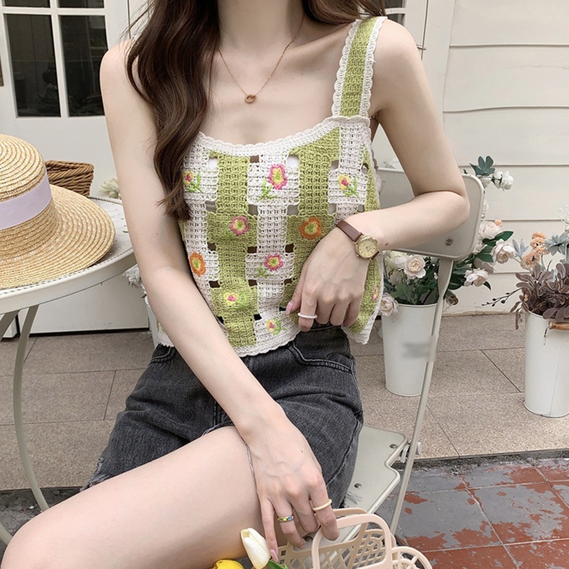 Xiangbao Áo Crop Top Dệt Kim Rỗng Thêu Hoa Màu Tương Phản Không Tay Cho Nữ Sw