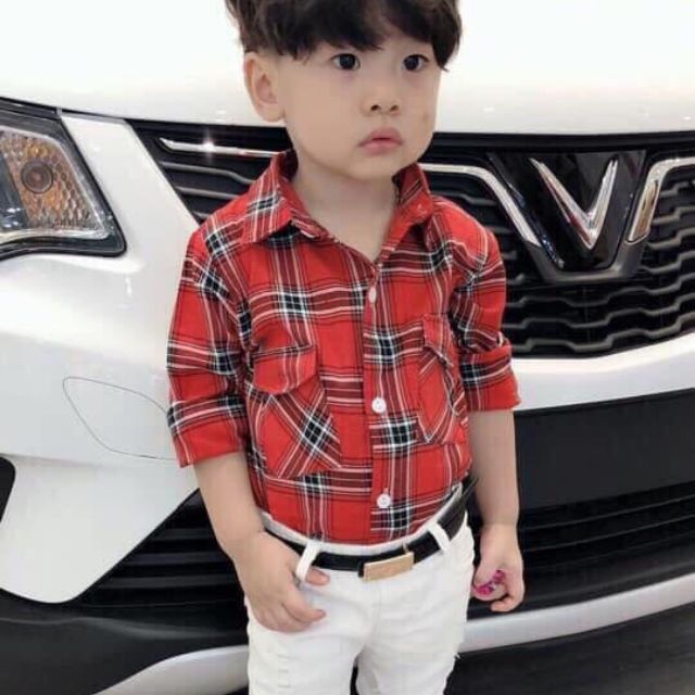Set áo sơ mi dài tay  kẻ ca rô kèm quần kaki trắng dài năng động thời trang cho bé trai