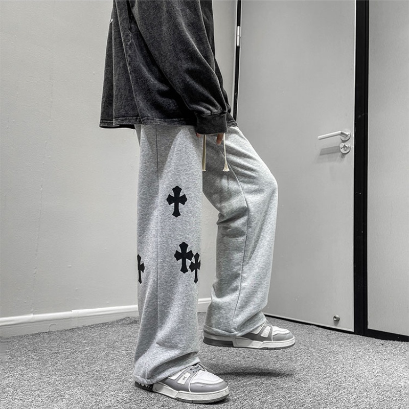 ♞AFF LIGA♞ Quần dài lưng thun dáng rộng thêu họa tiết chữ thập phong cách đường phố cá tính cho nam