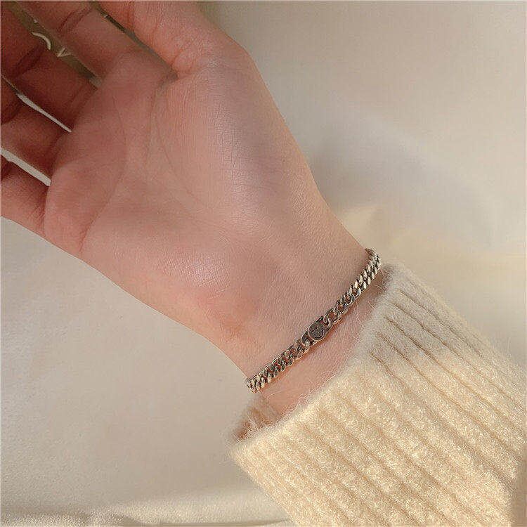 Vòng Tay Bạc Họa Tiết Mặt Cười Phong Cách Hip hop Hàn Quốc Thời Trang Cho Nữ