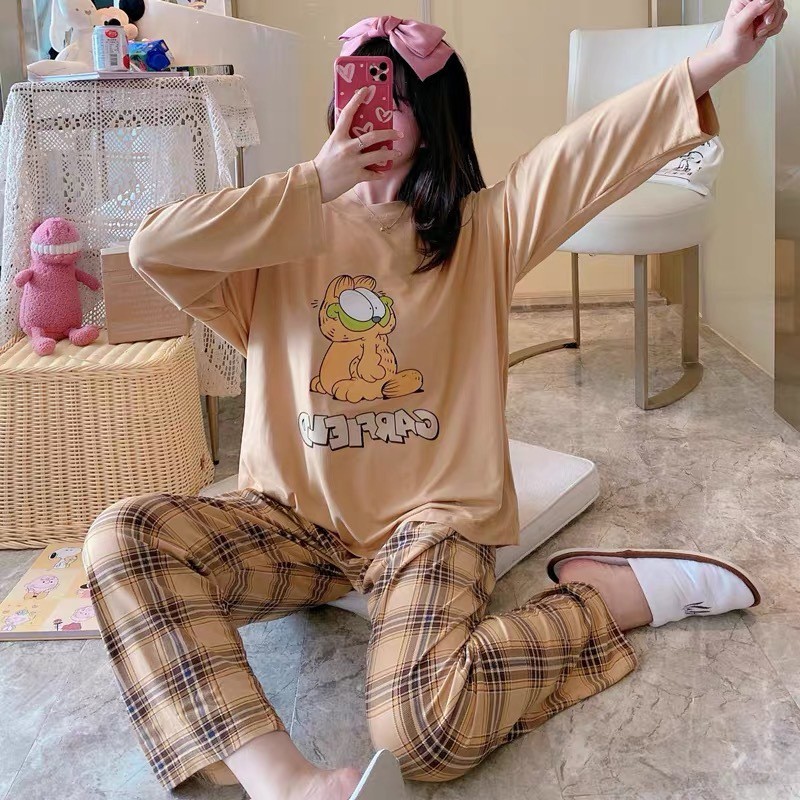 Bộ ngủ pijama dài tay quần kẻ nhiều màu