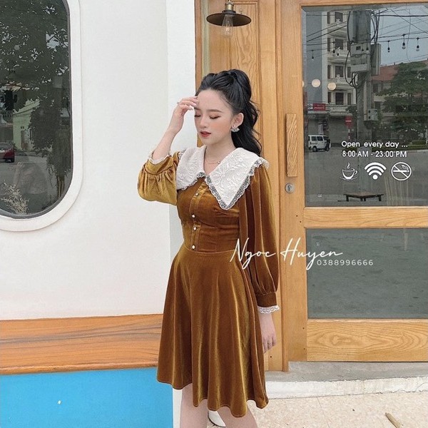 🎀RẺ VÔ ĐỊCH🎀 Đầm Nhung Xoè Phối Cổ Ren Tiểu Thư Siêu Xinh, Váy Xoè Dự Tiệc Dài Tay