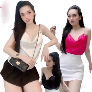 áo kiểu 2 dây cổ đổ phi lụa bóng phối xích vàng mẫu mới thời trang 2022