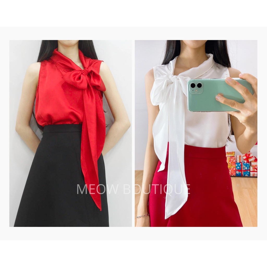 Áo cổ nơ Satin Lụa Meow Boutique