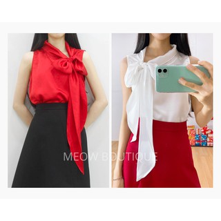 Áo cổ nơ Satin Lụa Meow Boutique