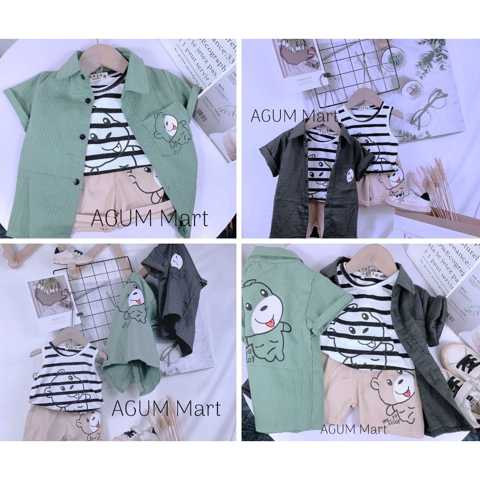 Set Bộ 3 Chi Tiết Bé Trai Kẻ Quần Kaki Mềm S03 AGUM MART Công Tử Mặc Đi Học Đi Chơi Cho Bé Từ 8-20kg