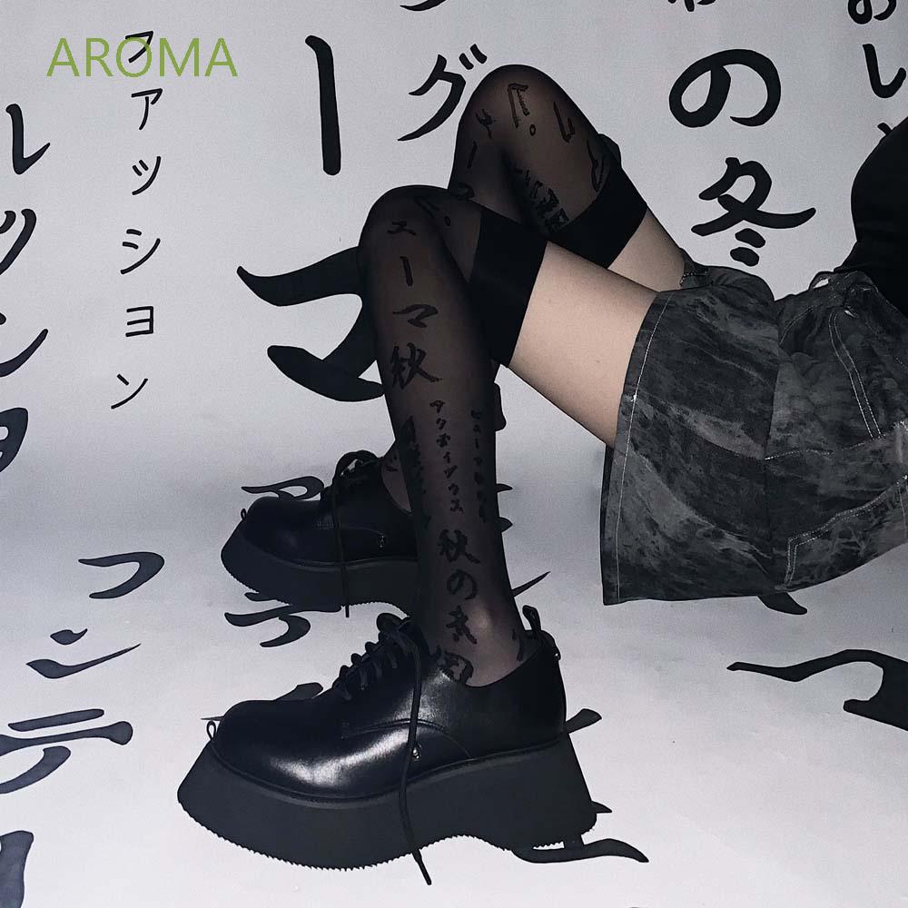 Đôi vớ cao đến đầu gối vải lụa nilon trong suốt in chữ phong cách gothic Hàn Quốc nhiều màu