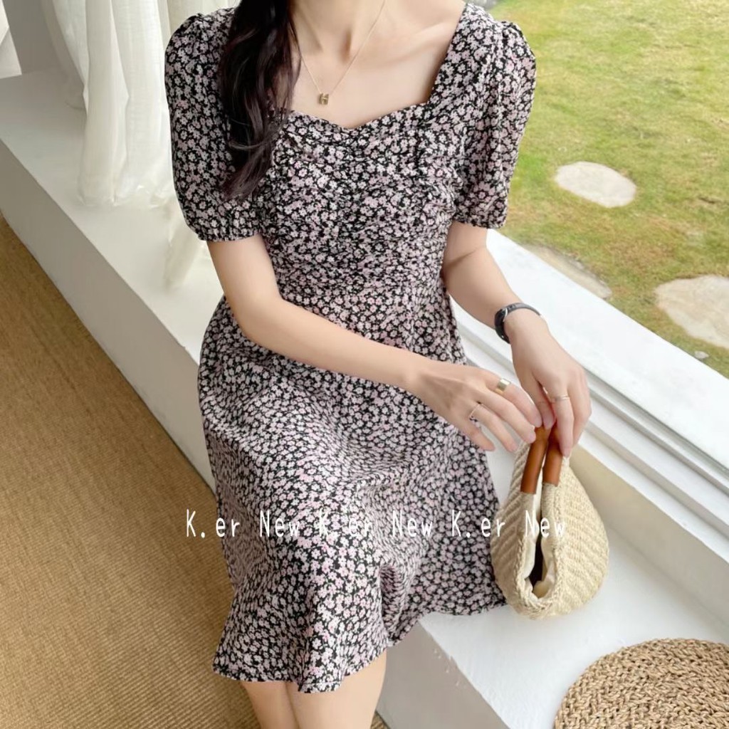 Váy hoa nhí nhún ngực tay chun VKE 1002-1 Ulzzang style🌸 Hàng Quảng Châu