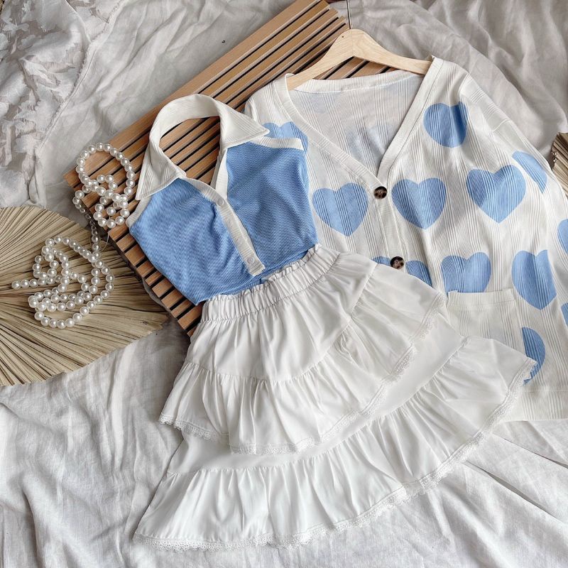 Set ba món áo khoác cadigan kèm áo crop viền mix chân váy tầng viền ren | BigBuy360 - bigbuy360.vn