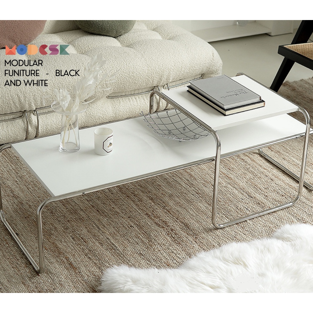 Bàn Sofa - Trà MODESK SS Sofa Long Table Black &amp; White (bộ 2 cái) Ván MFC Khung Inox 304 Nội Thất Phòng Khách Cafe Shop